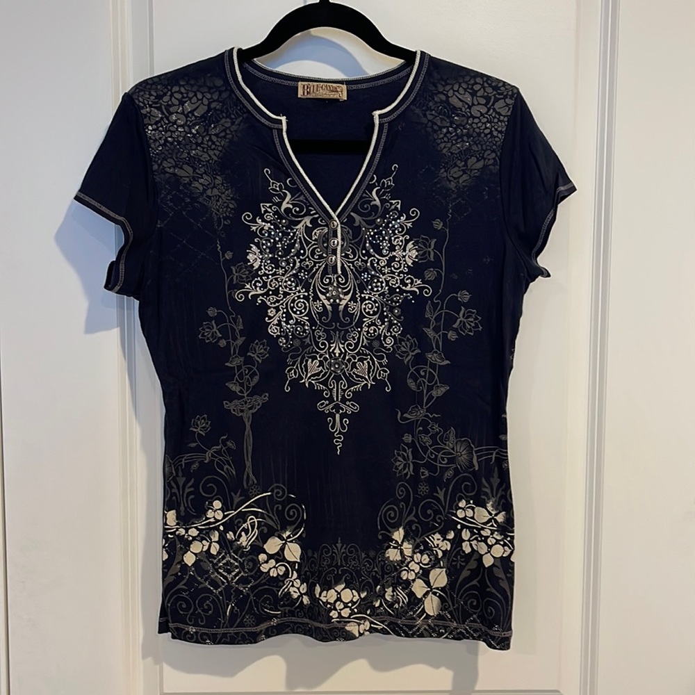 Short Sleeved Print Top with Rhinestone Embellishments